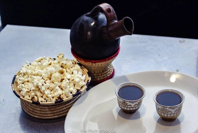 Traditional Ethiopian jebena coffee pot with popcorn, served during the three rounds of a coffee ceremony